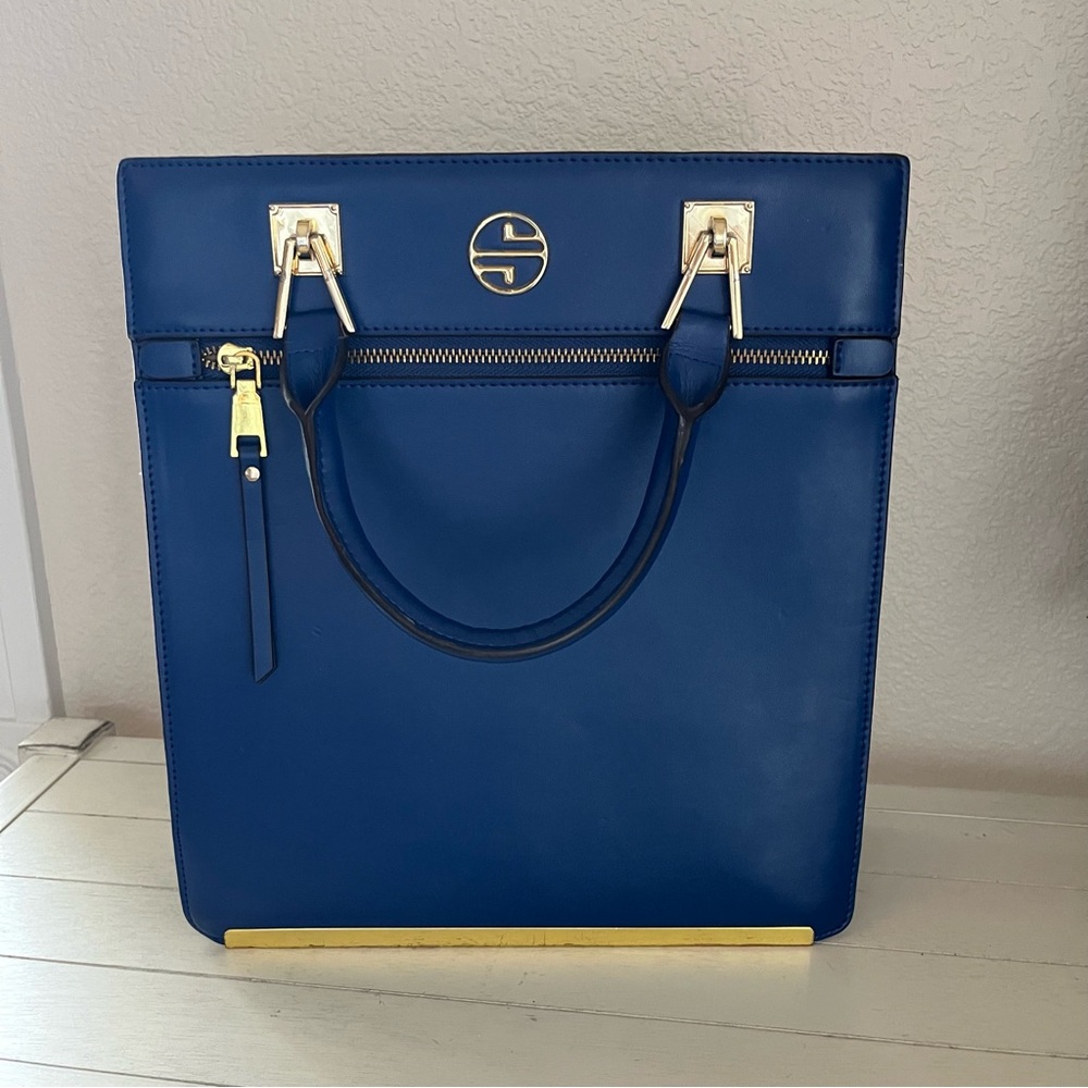 Segolene en Cuir Paris Blue Leather Satchel Tote Bag Purse Handbag